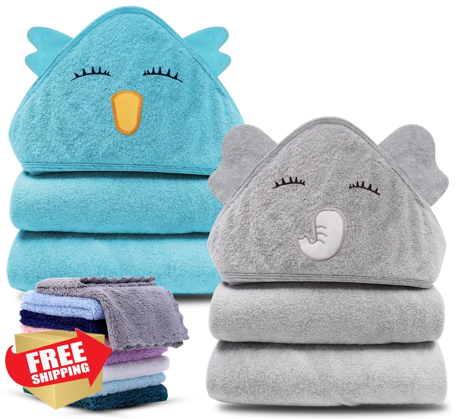 Cute Castle 2pk Bamboo Baby Hooded Towels w/ 8 Washcloths Elephant Bird