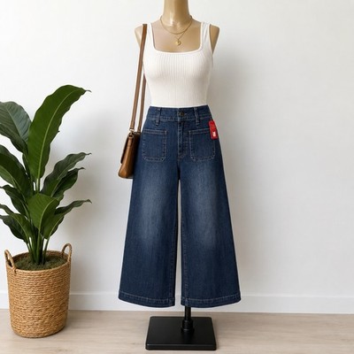 SPANX Cropped Wide Leg Jeans NWT  1X Dark Wash High Rise Stretch Denim Cropped