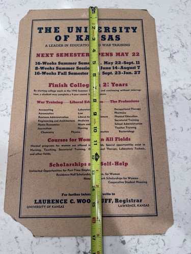 Poster volantino vintage Kansas University Jayhawks formazione seconda guerra mondiale 1943 semestre estivo - Foto 7 di 7