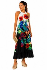 Signature Collection Tropical Floral Halter Maxi Dress Ruffle Hem Large