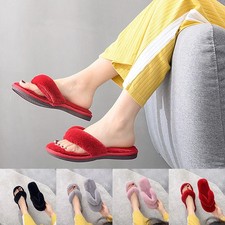 LADIES WOMENS INDOOR WARM SLIP ON FLAT TOE POST FLUFFY SOFY SLIPPERS SLIDERS SIZ