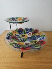 Peggy Karr Glass Pansy Bowl Set with metal holder Art Glass 13 1/4" and 8 3/8"