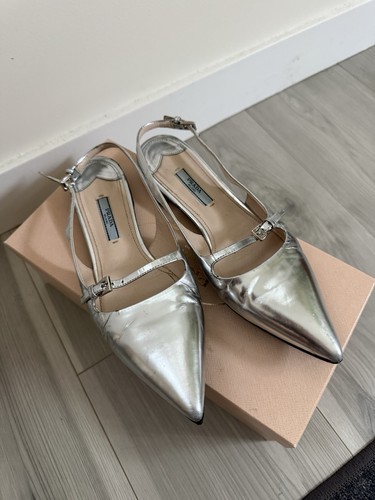 PRADA Silver Metallic Slingback Mule Point Toe Size W 6.5