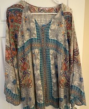 Johnny Was Multi Color Mixed Media Floral Long Sleeve 100 Silk Blouse Size S