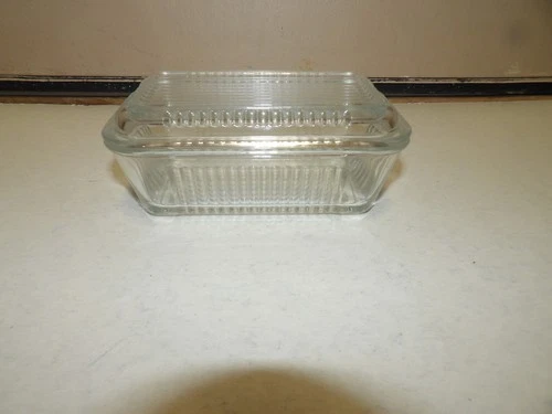 Vintage Federal Glass Clear Ribbed Rectangular Refrigerator Dish With Lid