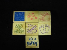 Variety Pack of 7 Small Brand New Wooden Rubber Stamps/ stars,love,flower etc..