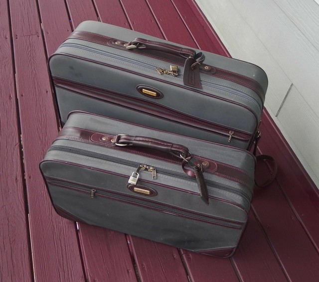 Vintage 60's Jaguar Luggage Suitcase Set Olive & Maroon Wheeled & Carry