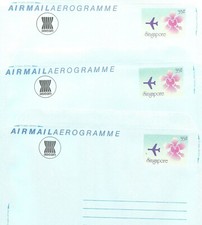 SINGAPORE: Set of 3 AEROGRAMMES 35c.Airpl+Flower 