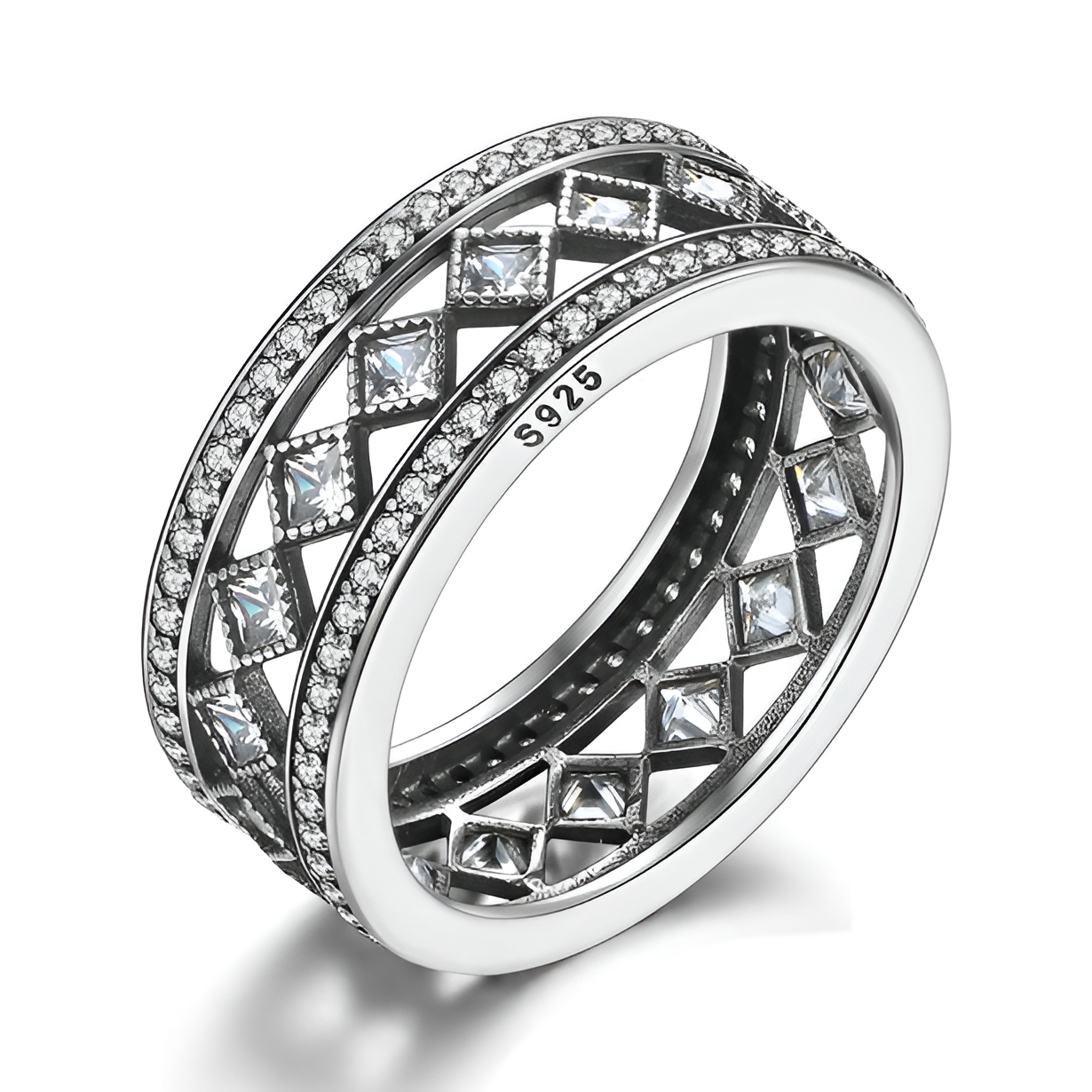 Wide 925 Sterling Silver Vintage Princess Cut Cubic Zirconia Wedding Band-image