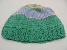 BLUE TEAL AND PASTEL COLORS - HAND KNITTED - KID'S SIZE STOCKING CAP BEANIE HAT 