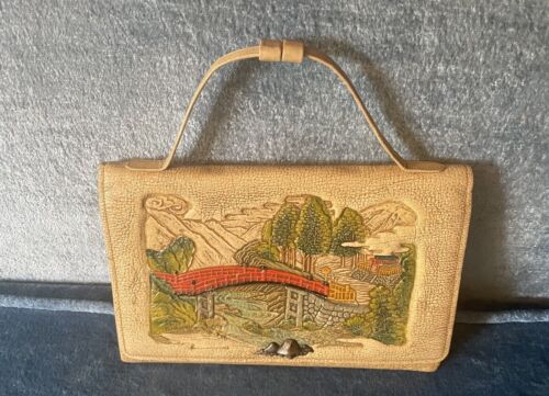 Antique Japanese Hand Painted Leather Purse/ Clut… - image 1