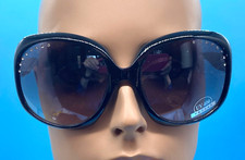 Sunglasses Black Frame Large Square w/Rhinestones UV400 Black Clam Zip Case NOS