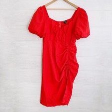 NWT Prettylittlething Plus - Red puffy sleeve ruched front slit dress, sz 12 US