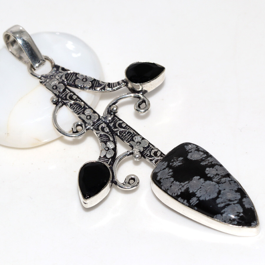 Snowflake Obsidian Black Onyx 925 Silver Plated New Arrival Pendant 3.1