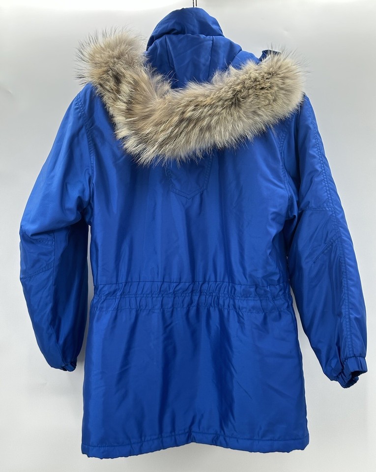 Kaelin Womens Vintage Coat Fur Hooded Ski Jacket Embroidered Blue Size