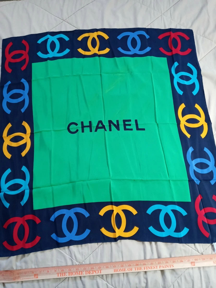 CHANEL SILK SCARF BLUE GOLD CHAIN LINKS  Carolines Fashion Luxuries