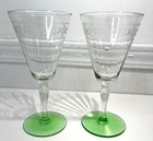 Art Deco 2 Goblet Etched Footed Green Base Depression Uranium Glass 1930