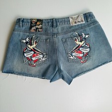 Ed Hardy Denim Shorts Women's Size 30 Raw Hem Graphic Logo Born Free Y2K NWT