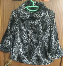 Dunnes Women Animal Print Faux Fur Beige Black Double Breast Short Coat Uk 12