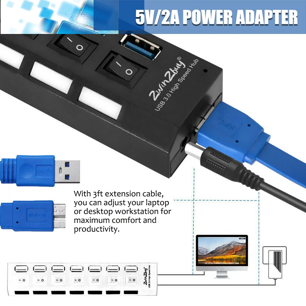 7-Port USB 3.0 Hub with Individual Switches - Portable Splitter Expander
