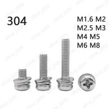 304 Stainless Steel Phillips Pan Head SEMS Screws Flat Spring Washers M1.6-M8