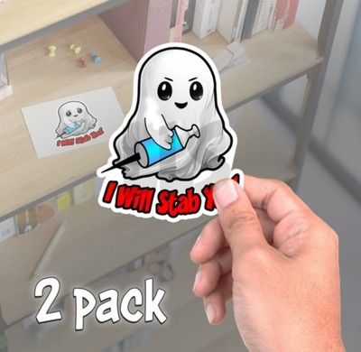 Ghost w Vaccine Shot - I Will Stab You - Funny Sticker Laptop Decals  - Set of 2