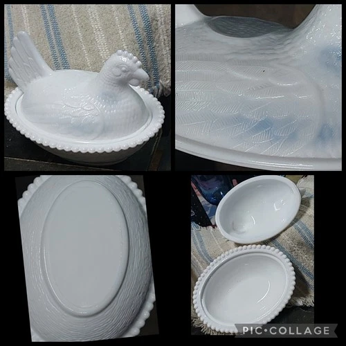 Vintage Indiana Milk Glass Chicken In A Basket, 7"