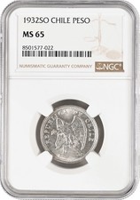Chile 1 peso 1932 So, NGC MS65,  Republic of Chile (1899 - 1968)  silver coin