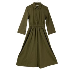 ZARA Green Collared Button Front Midi Shirt Dress Elastic Waist Flare Sleeve XS
