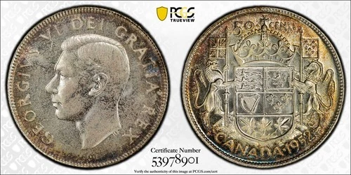1952 Canada 50 Cents Wide Date - PCGS MS64