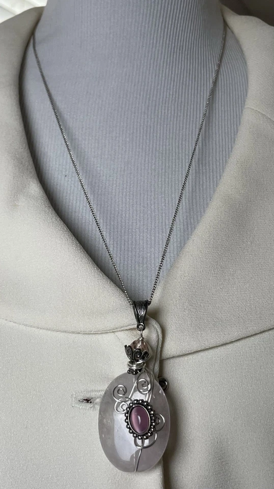 Collar Tono Plata Grueso Genuino Cuarzo Colgante Cadena Cable Foto 2 de 4