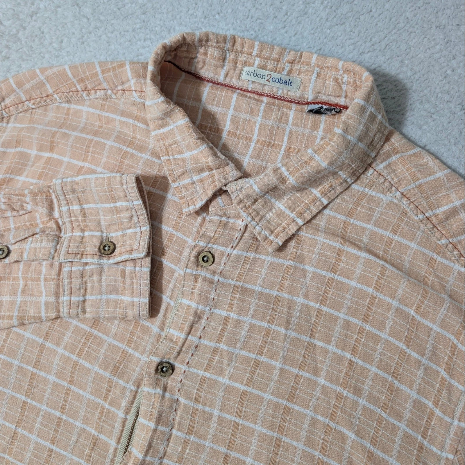 carbon2cobalt Button Down Mens XL Orange Windowpane Plaid L/S Linen Blend Shirt