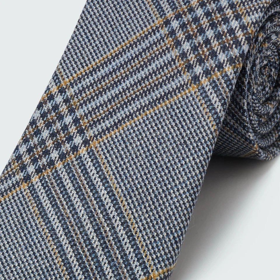 Nova gravata xadrez de lã Indochino Glen azul cinza e xadrez dourado - 100% lã - Imagem 2 de 4