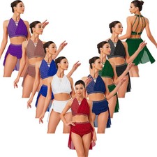 Womens Set Hem Outfit 2 Piece Dancewear Strappy Skirt Leotards Dance Irregular