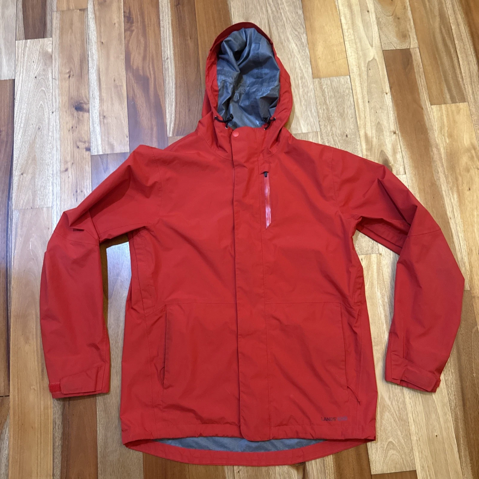 Lands End Mens Rain Coat Shell Windbreaker Red Waterproof Mens Small 34-36 Hood