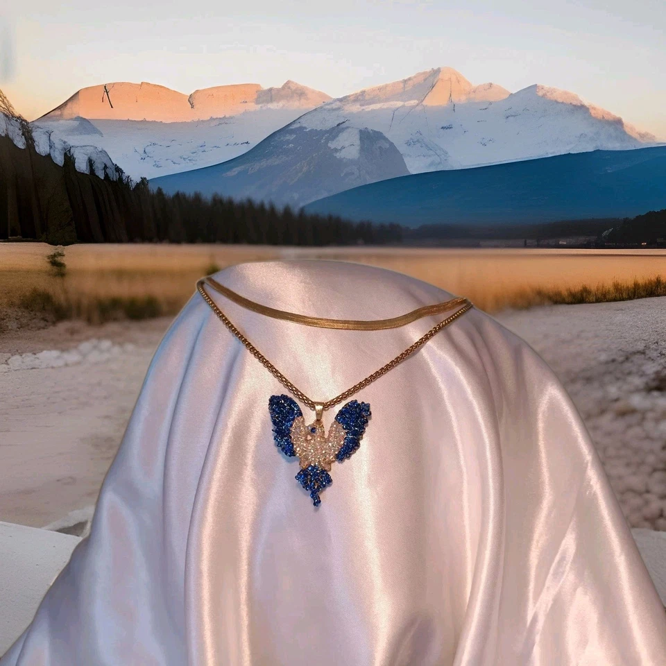 🔥 Collar de cristal reversible azul real y dorado colgante Phoenix de lujo hecho a mano