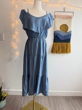 NWT Old Navy Ruffle Midi Dress Sz M Chambray Boho Western Prairie Cottagecore