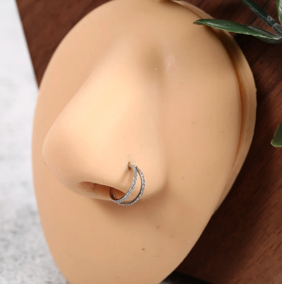 17G Double Line CZ Cartilage Hoop Nose Rings Helix Daith Conch Piercing Earrings - Image 3 of 4