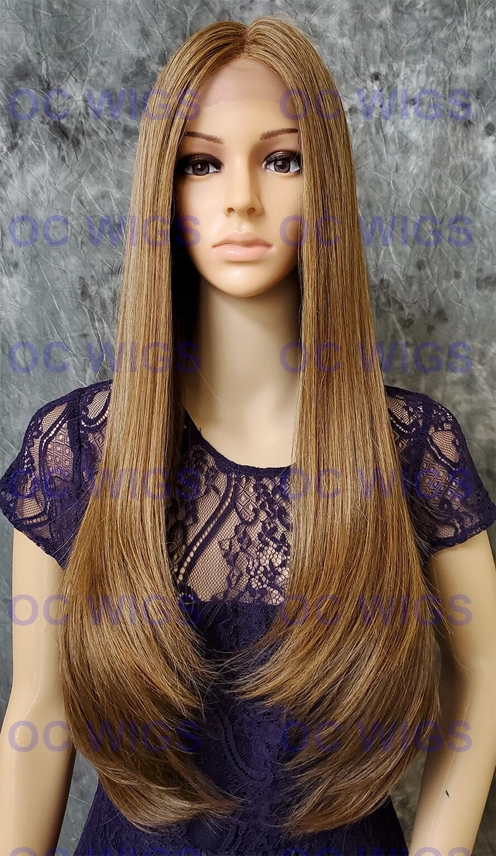 Long Straight Heat Safe Lace Front Human Hair Blend Wig Dark Blonde Brown EVEU