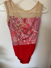 Nadeshiko Designs Dancewear leotard, red with tan mesh and paisley print, size M