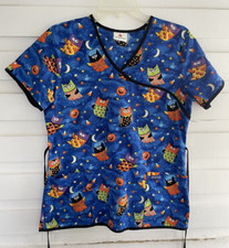 Peaches Size M Royal Blue Halloween Owls  Candy Scrub Top