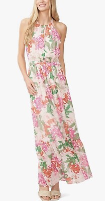 NWT CeCe Floral Print Halter Maxi Dress Gown Pink Green Wedding Guest Sz 6  | eBay