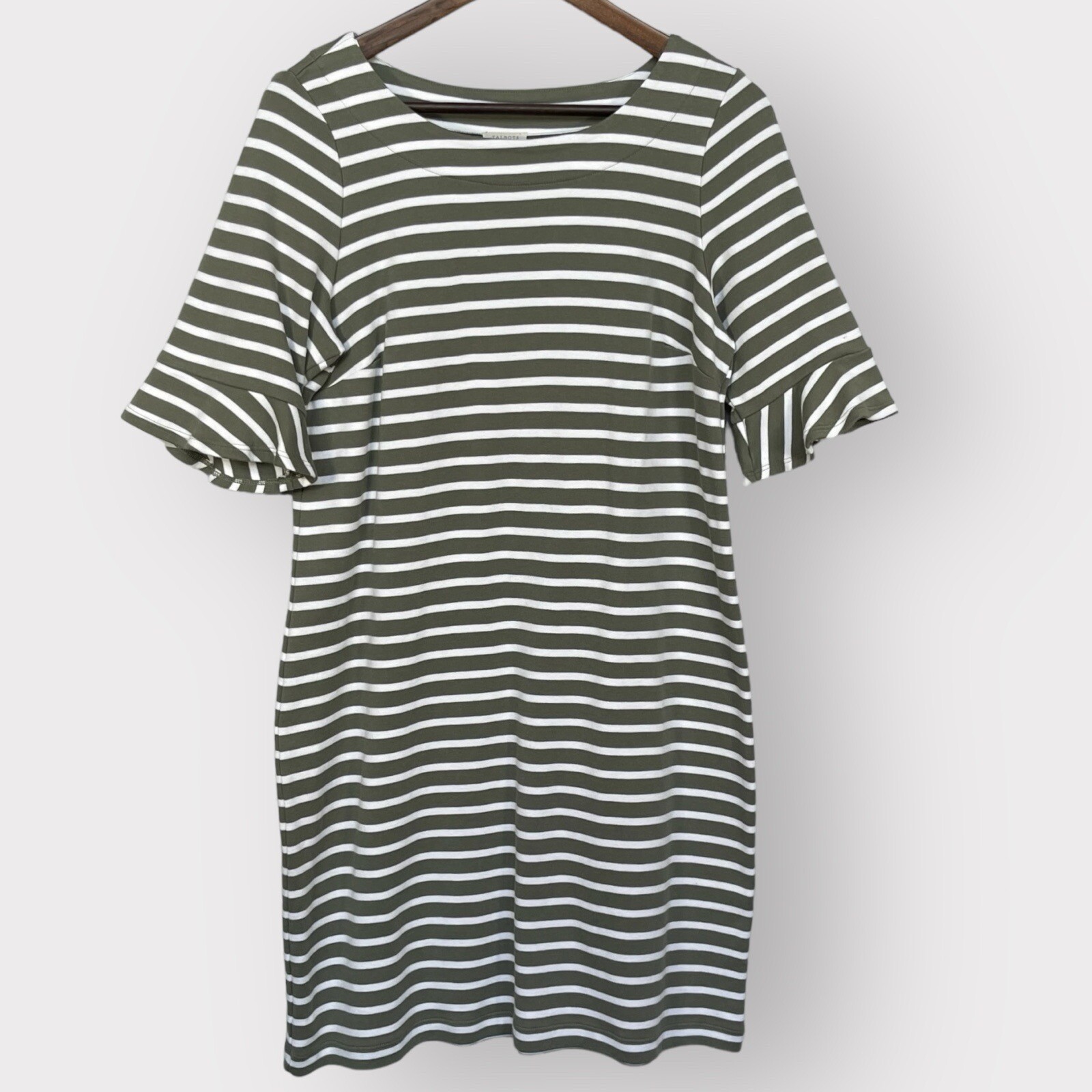 Talbots Sheath Dress Women Size PL Green Striped Bell Short Sleeve 100% Cotton