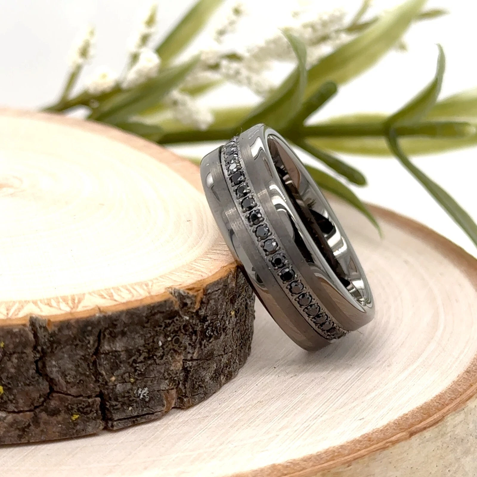 8mm Silver Tungsten Carbide Ring Polished Beveled Edges Black CZ Stones Band