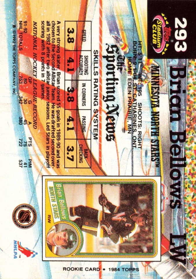 1992 Topps Stadium Club #293 BRIAN BELLOWS North Stars NHL Hockey - Image 2 of 2