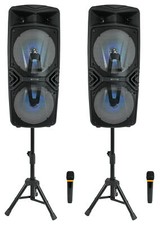 2 Technical Pro Dual 8" Wireless Linking Rechargeable LED Speakers Stands Mics
