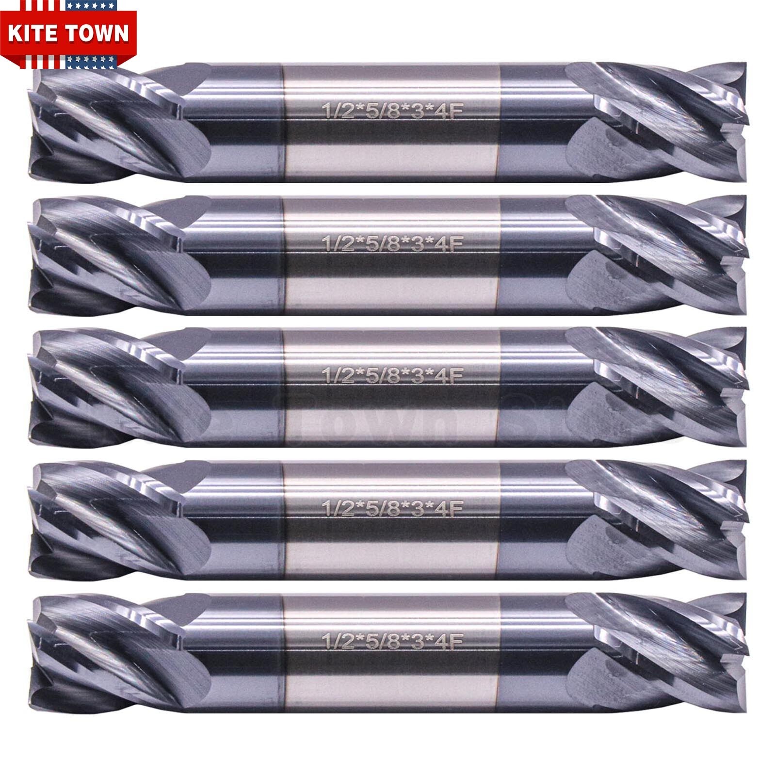 5Pcs 4 Flute 1/2" x 5/8" x 3" Double End Solid Carbide End Mills - AlTiN Coated