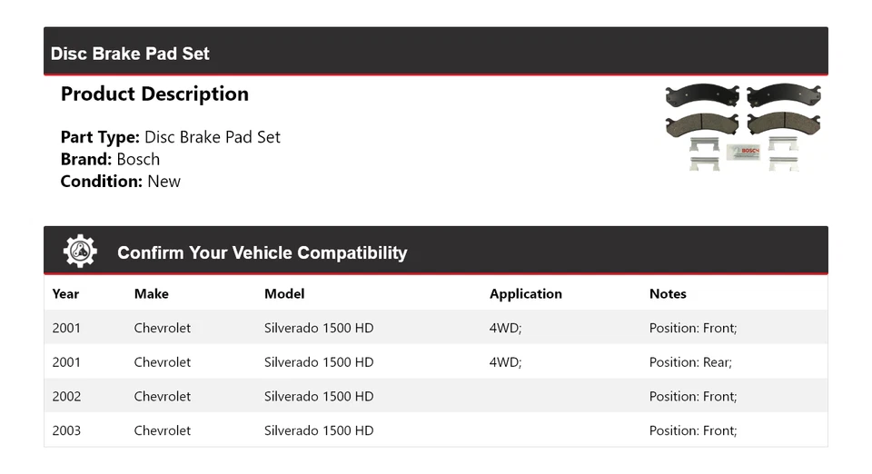 Комплект дисковых тормозных колодок Bosch для Chevrolet Silverado 1500 HD 2001-2003 2002 годов выпуска - Изображение 2 из 4