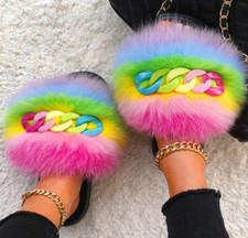 New Women s Fox Fur Slippers Fluffy Flip Flops Shiny Chain Furry Beach Size 6.5