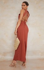 Prettylittlething PLT rust linen look sleeveless strappy tie back size UK 4